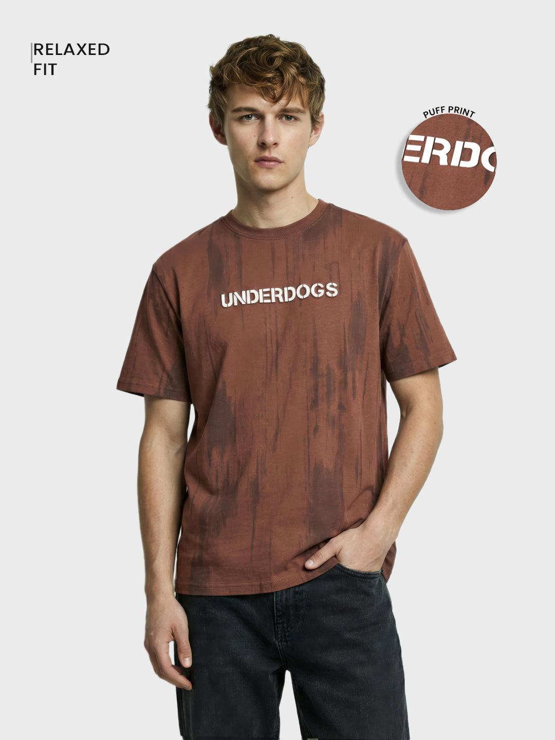 Men's Brown Relaxed Fit Printed Casual T-Shirts