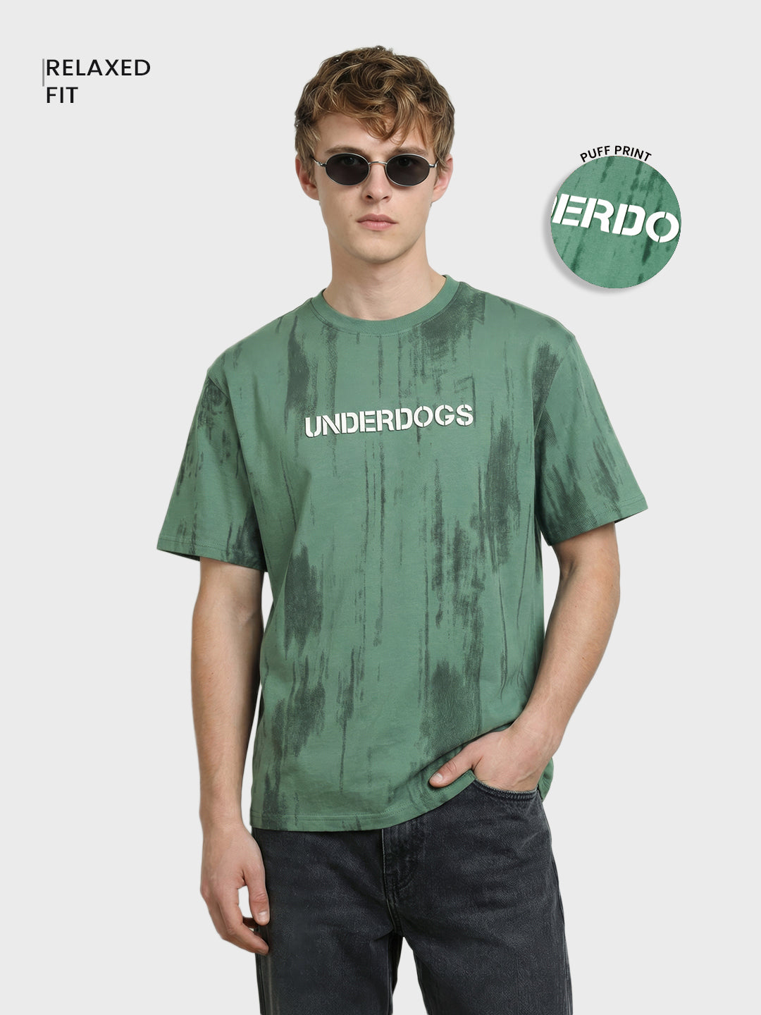 Men's Green Relaxed Fit Printed Casual T-Shirts