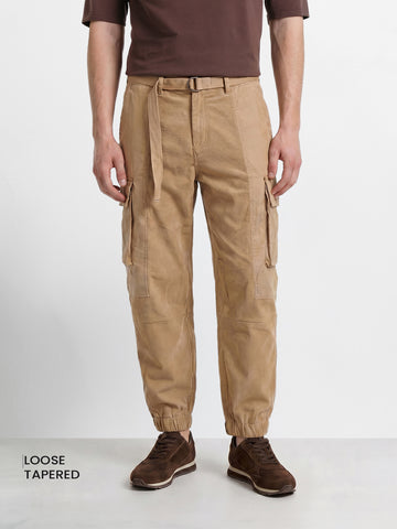 Men's Khaki Loose Tapered Fit Solid Casual Joggers