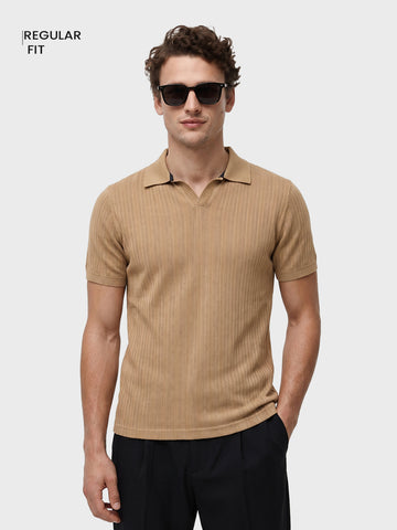 Men's Beige Regular Fit Solid Casual Polo T-Shirts