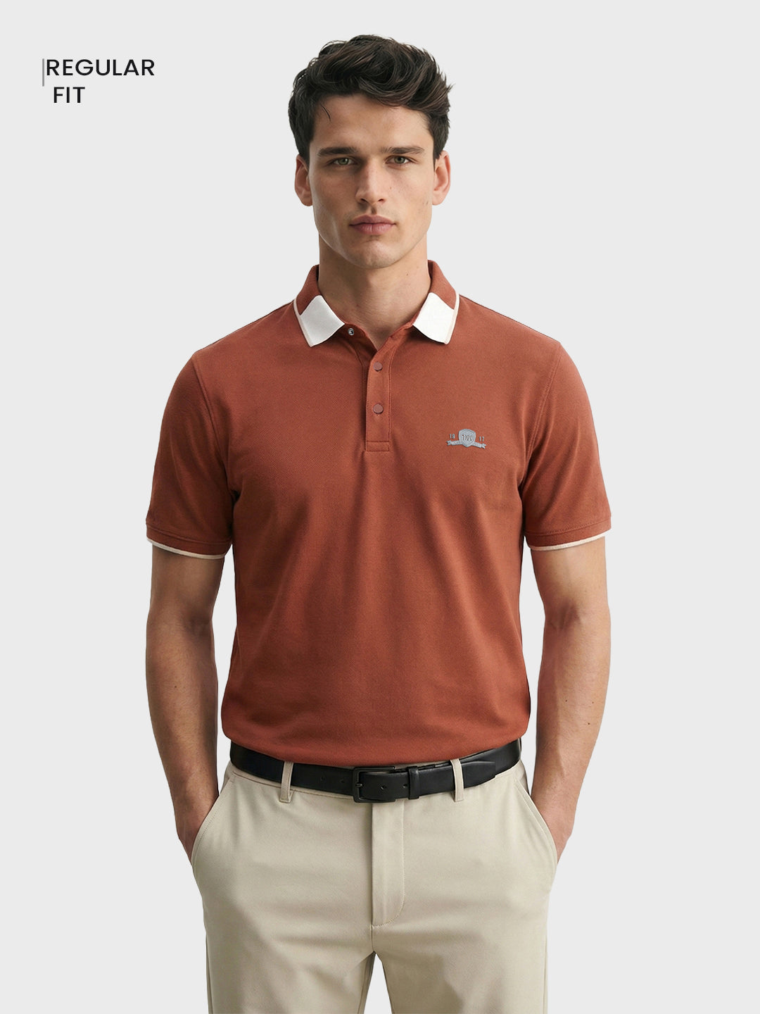 Men's Rust Regular Fit Embroidered Casual T-Shirts