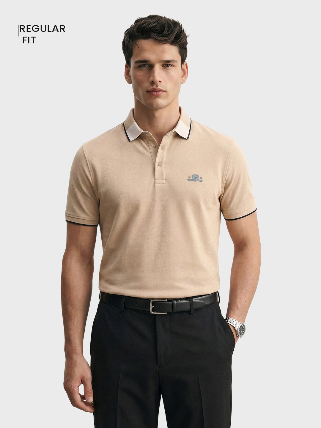 Men's Beige Regular Fit Embroidered Casual T-Shirts