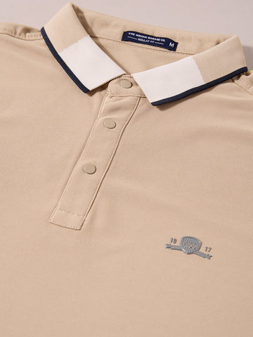 Men's Beige Regular Fit Embroidered Casual T-Shirts