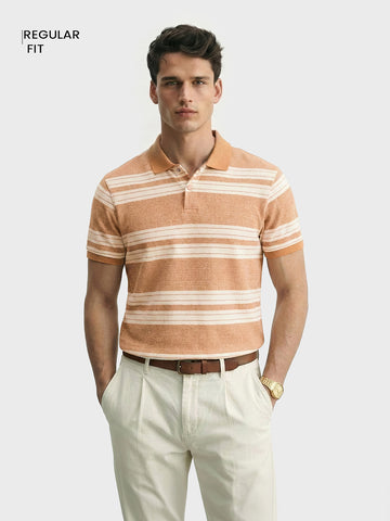 Men's Rust Regular Fit Striped Casual Flat Knit Polo T-Shirts