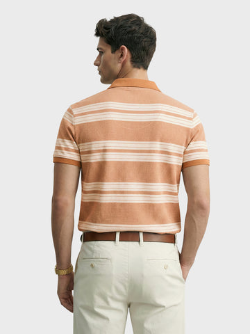 Men's Rust Regular Fit Striped Casual Flat Knit Polo T-Shirts
