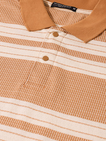 Men's Rust Regular Fit Striped Casual Flat Knit Polo T-Shirts