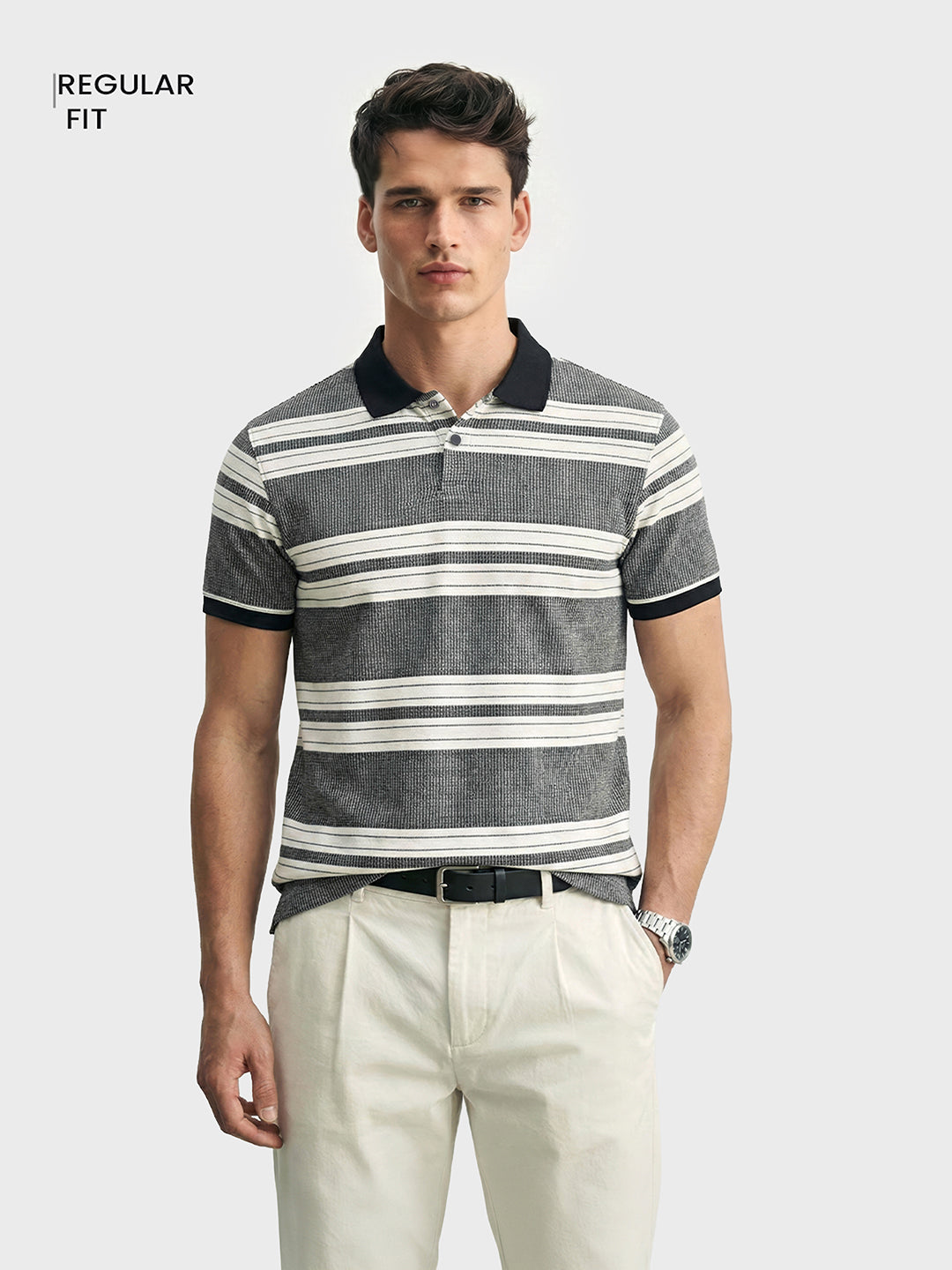 Men's Black Regular Fit Striped Casual T-Shirts