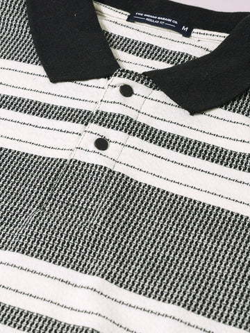 Men's Black Regular Fit Striped Casual Flat Knit Polo T-Shirts