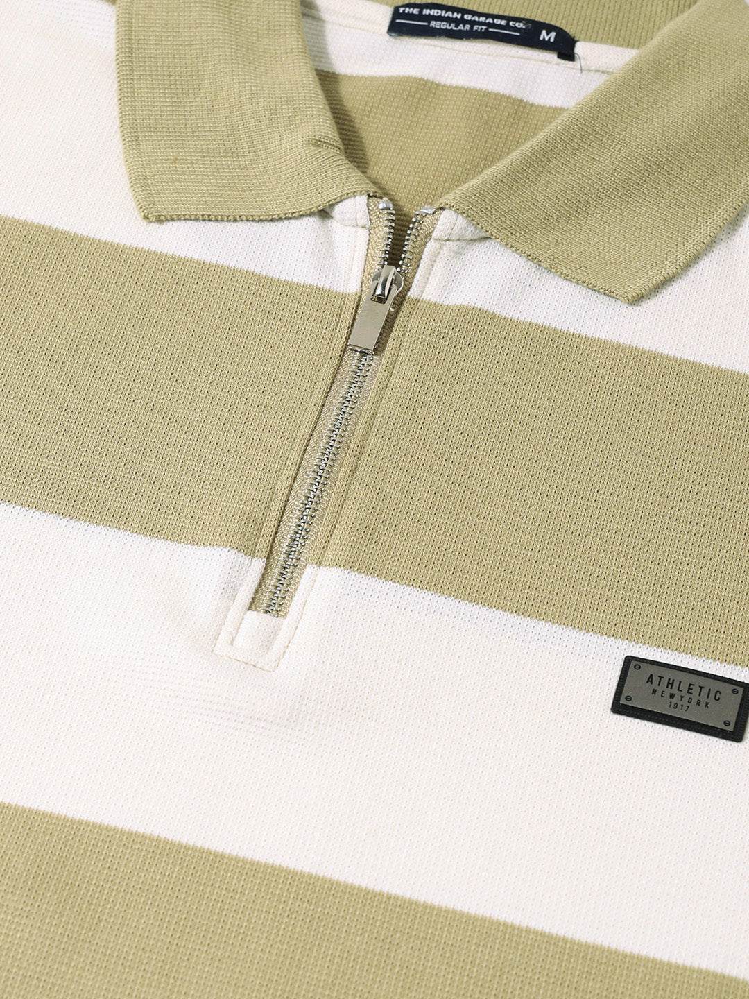 Men's Green Regular Fit Striped Casual Polo T-Shirts
