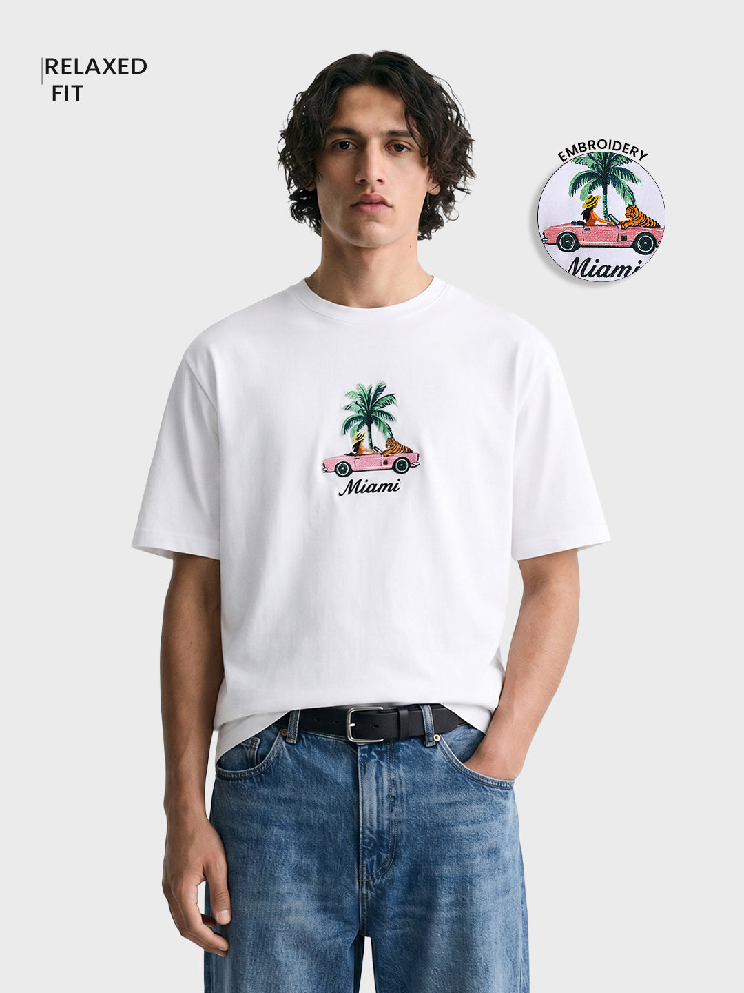 Men's White Relaxed Fit Embroidered Casual T-Shirt