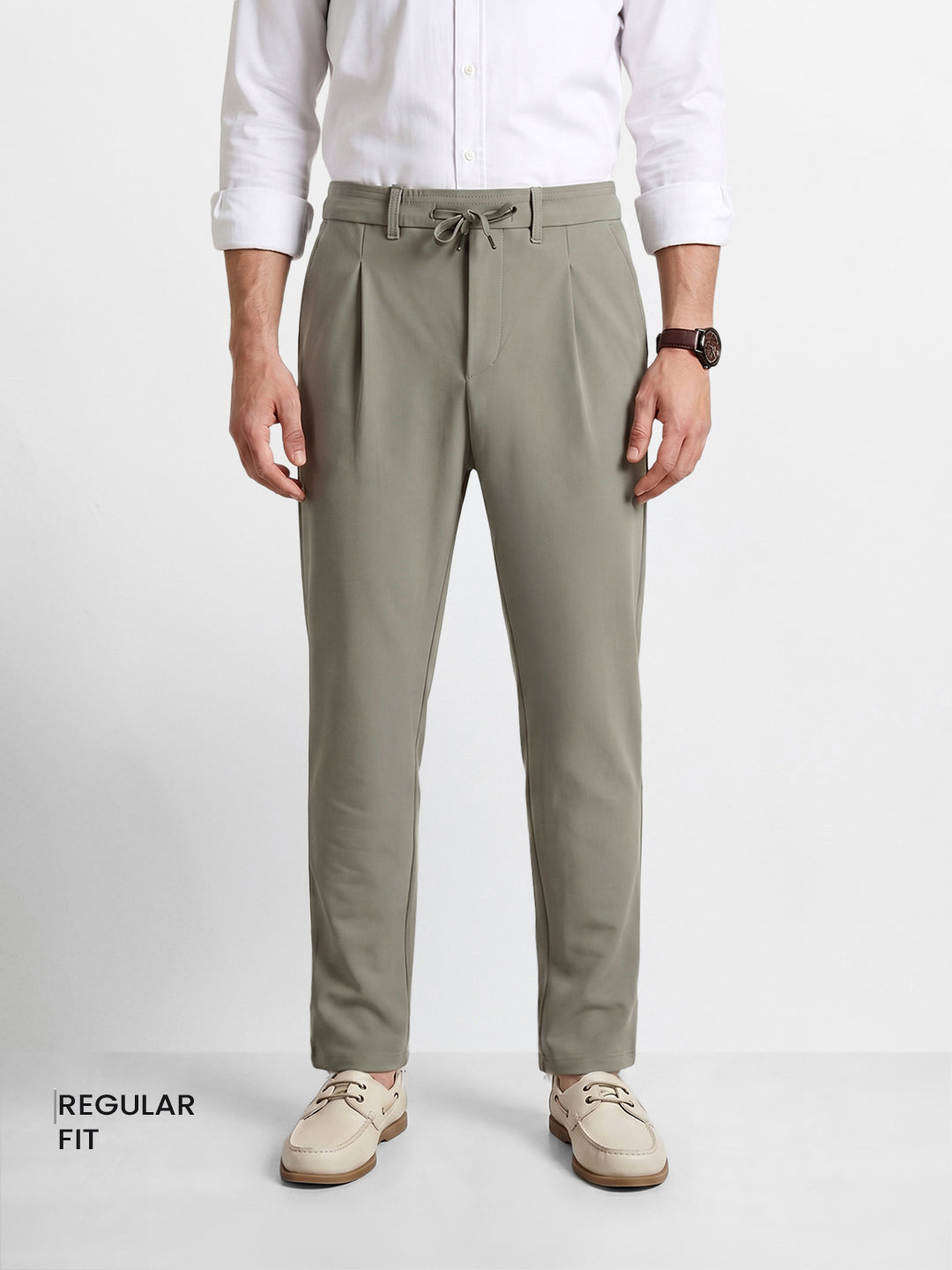 Men's Olive Regular Fit Solid Casual Trousers