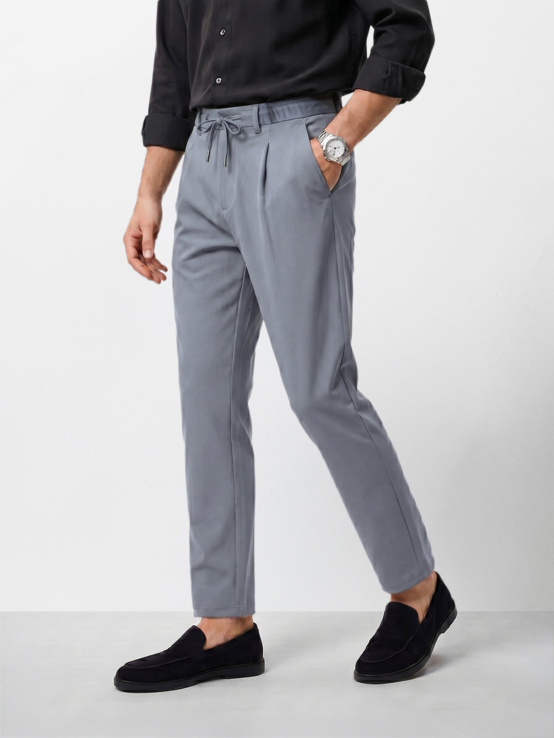 Men's Grey Regular Fit Solid Casual Trousers