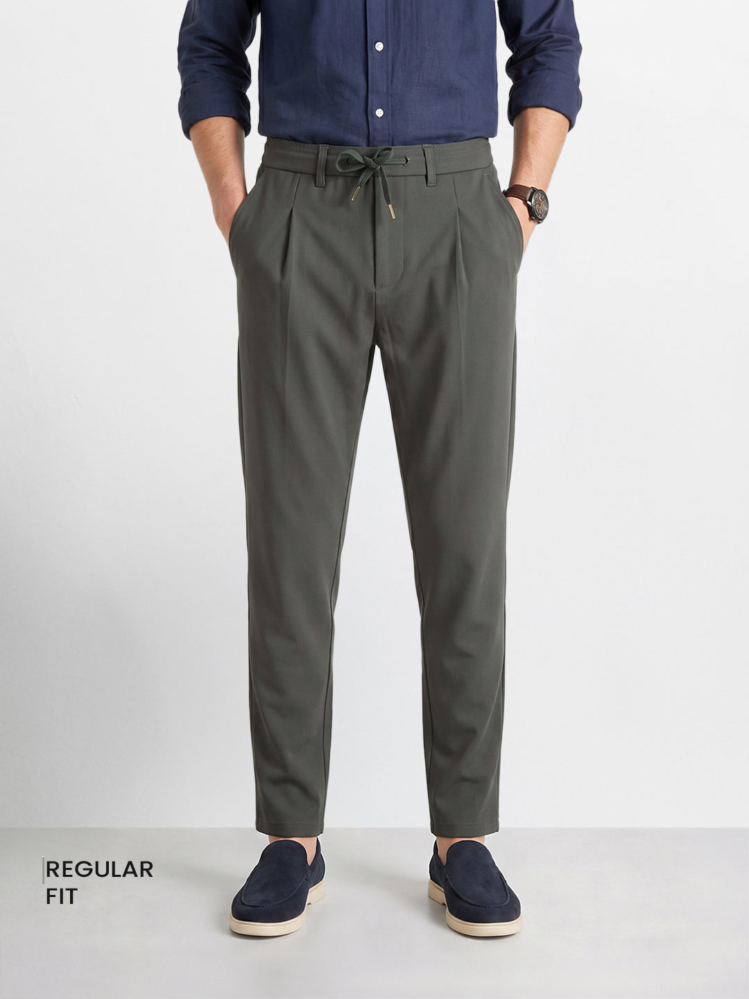 Men's Olive Regular Fit Solid Casual Trousers