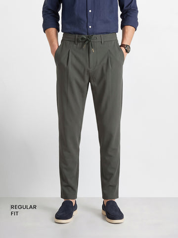 Men's Olive Regular Fit Solid Casual Trousers
