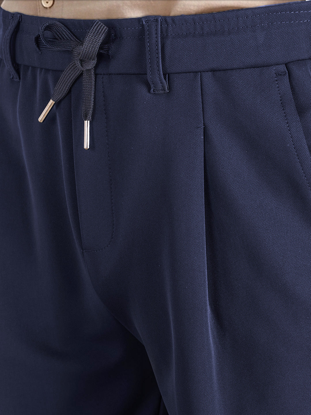 Men's Navy Blue Regular Fit Solid Casual Trousers