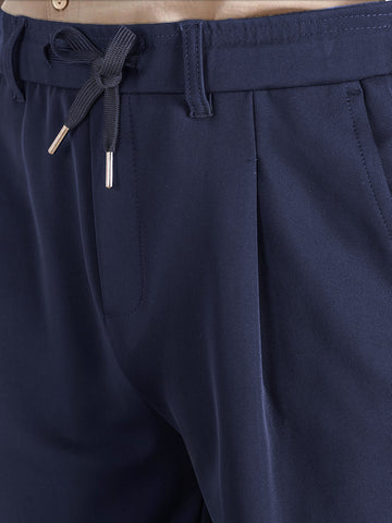 Men's Navy Blue Regular Fit Solid Casual Trousers