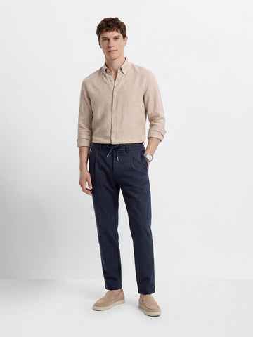 Men's Navy Blue Regular Fit Solid Casual Trousers