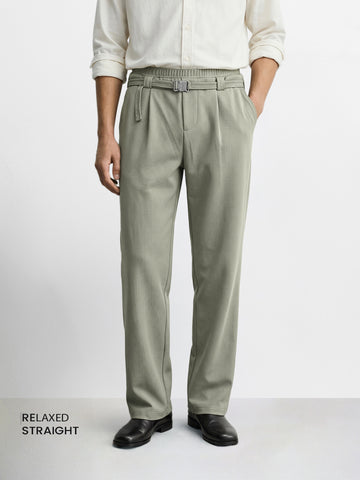 Men's Olive Relaxed Staright Fit Solid Casual Trousers