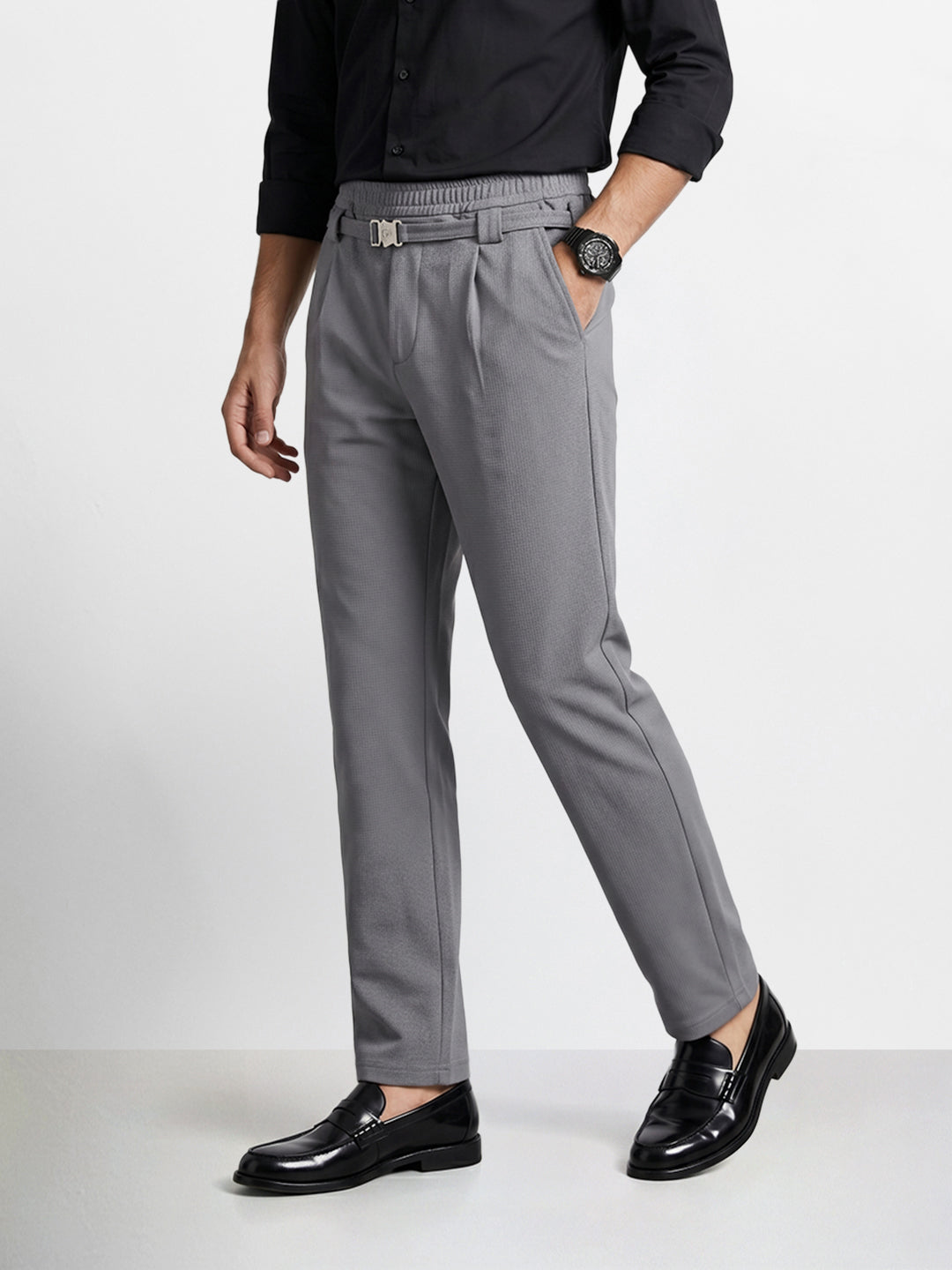 Men's Grey Relaxed Staright Fit Solid Casual Trousers