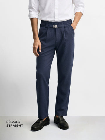 Men's Navy Blue Relaxed Staright Fit Solid Casual Trousers