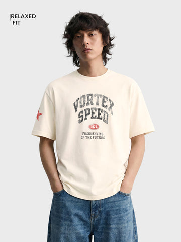 Men's Cream Relaxed Fit Printed Casual T-Shirt