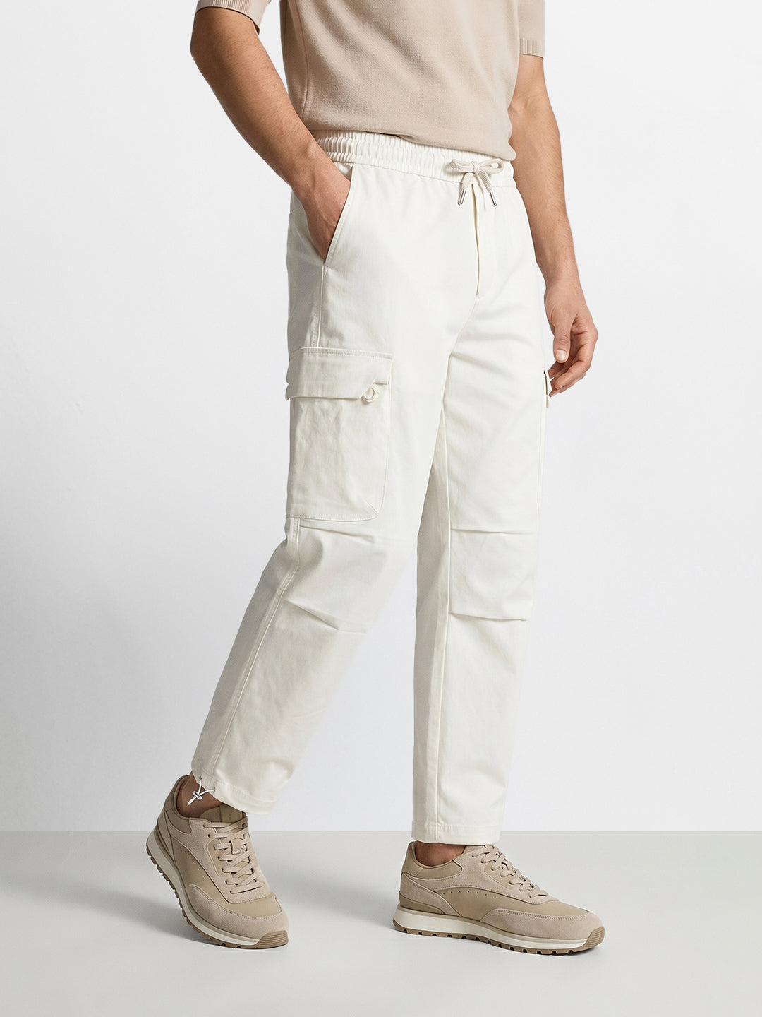 Men's White Relaxed Fit Solid Utility Cargo