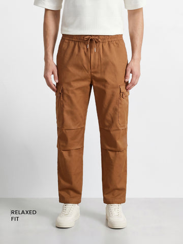 Men's Brown Relaxed Fit Solid Utility Cargo