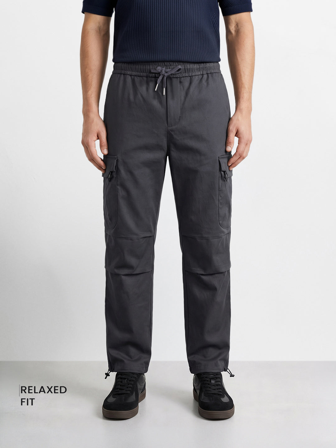 Men's Grey Relaxed Fit Solid Utility Cargo