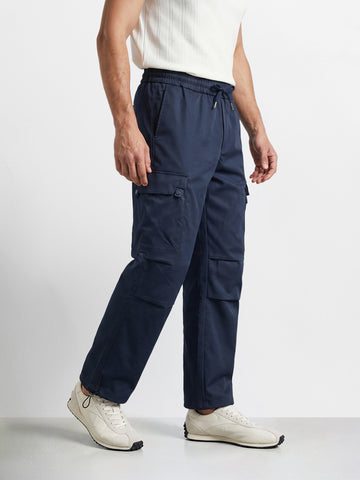 Men's Navy Blue Relaxed Fit Solid Utility Cargo