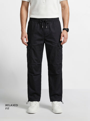Men's Black Relaxed Fit Solid Utility Cargo