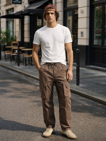 Men's Brown Relaxed Fit Solid Utility Cargo