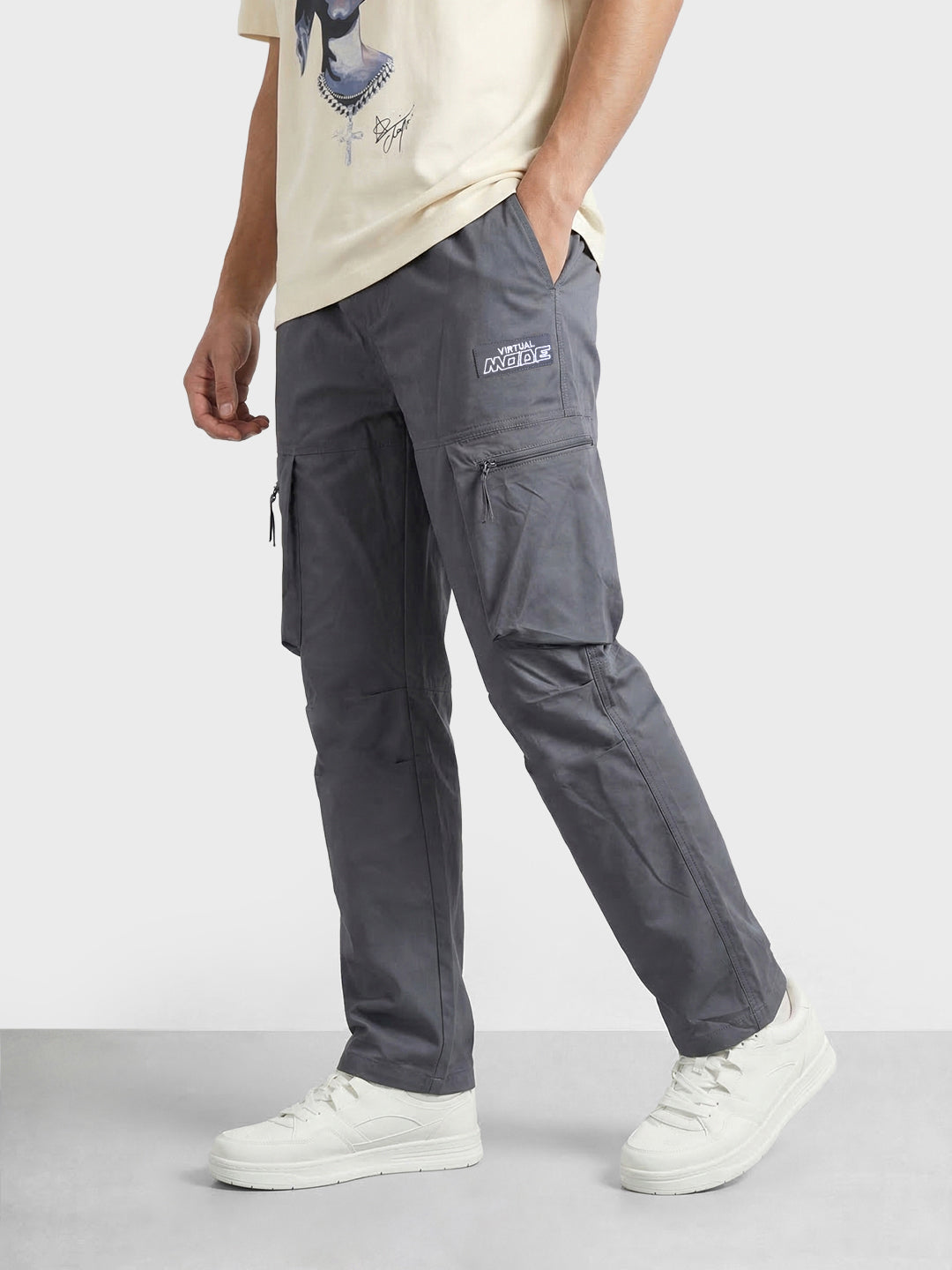 Men's Grey Relaxed Fit Solid Utility Cargo