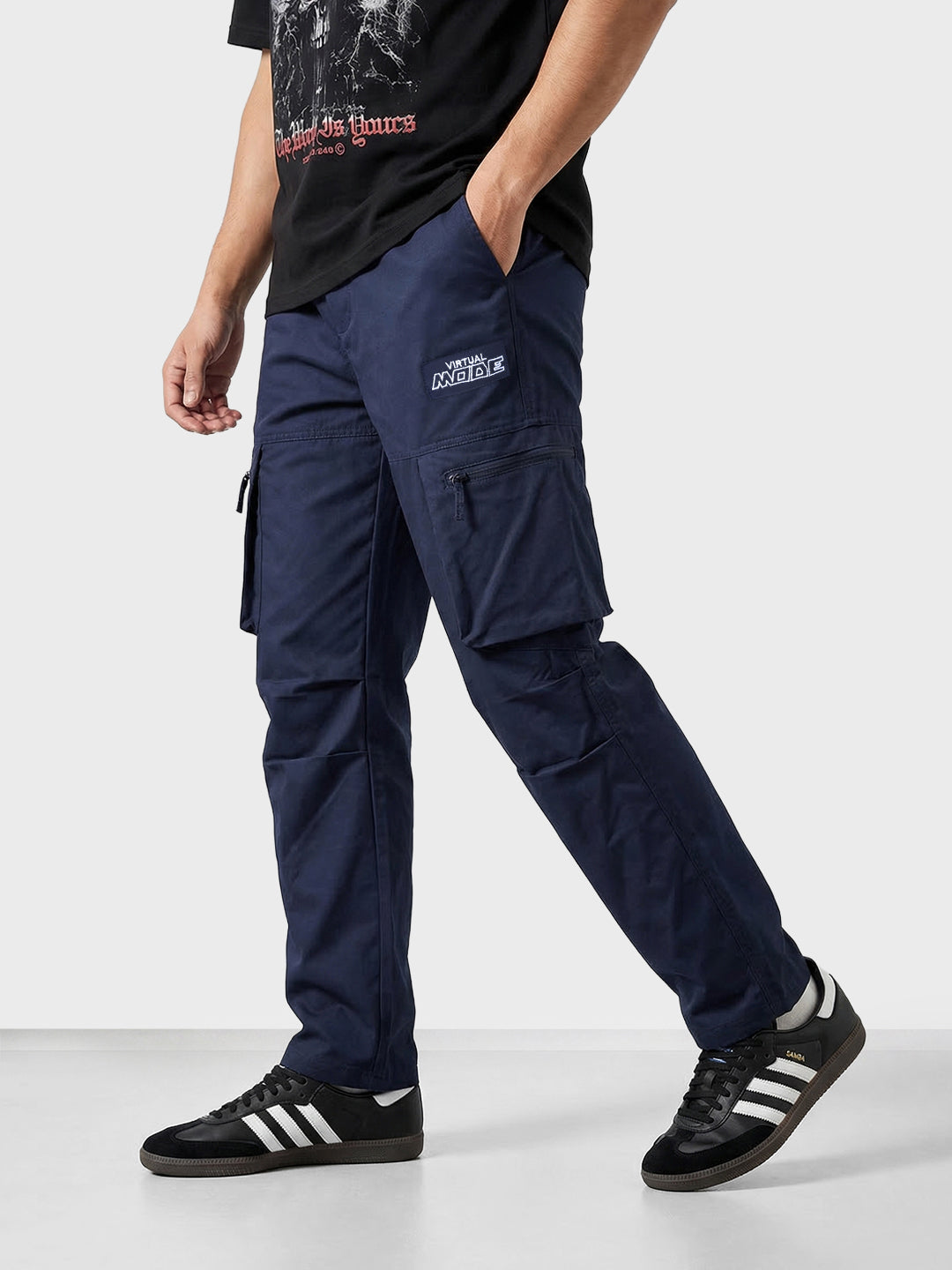 Men's Blue Relaxed Fit Solid Utility Cargo