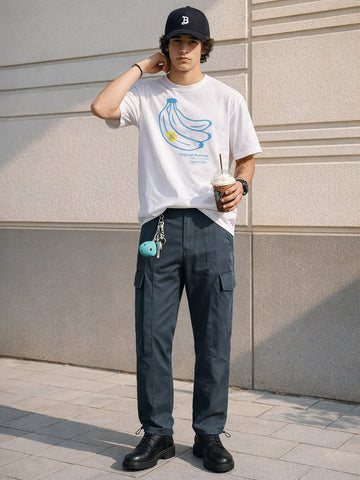 Men's Grey Relaxed Fit Solid Utility Cargo