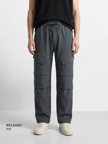 Men's Grey Relaxed Fit Solid Utility Cargo