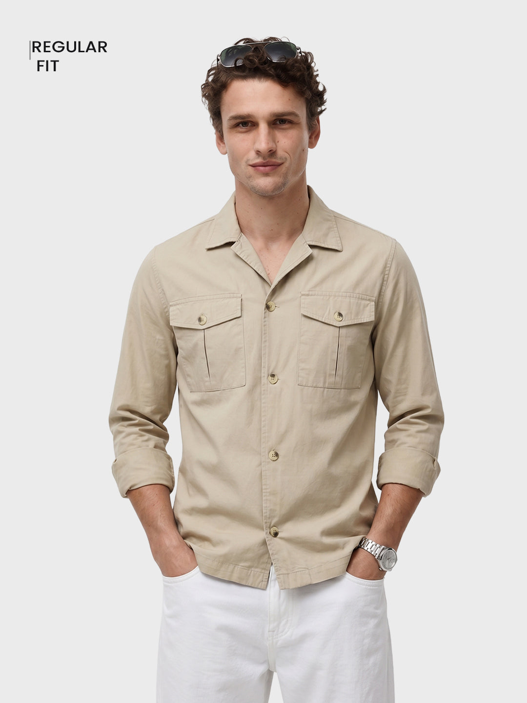 Men's Cream Regular Fit Embroidered Casual Shirts