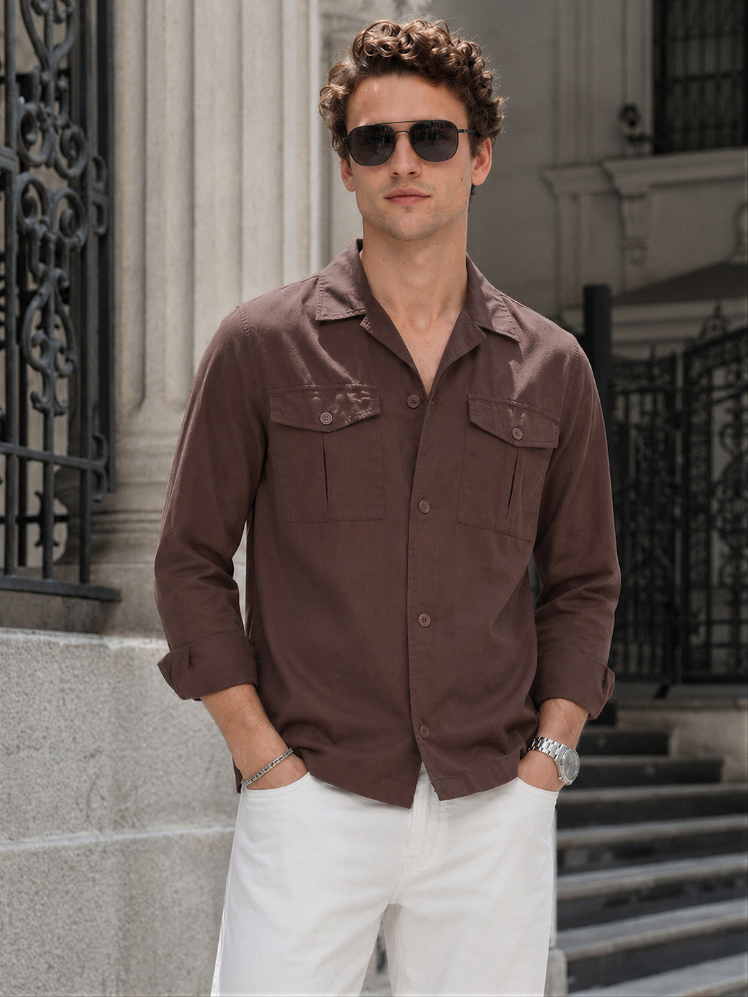 Men's Brown Regular Fit Embroidered Casual Shirts