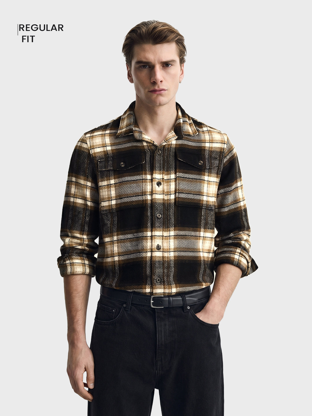 Men's Black Regular Fit Checkered Casual Shirt