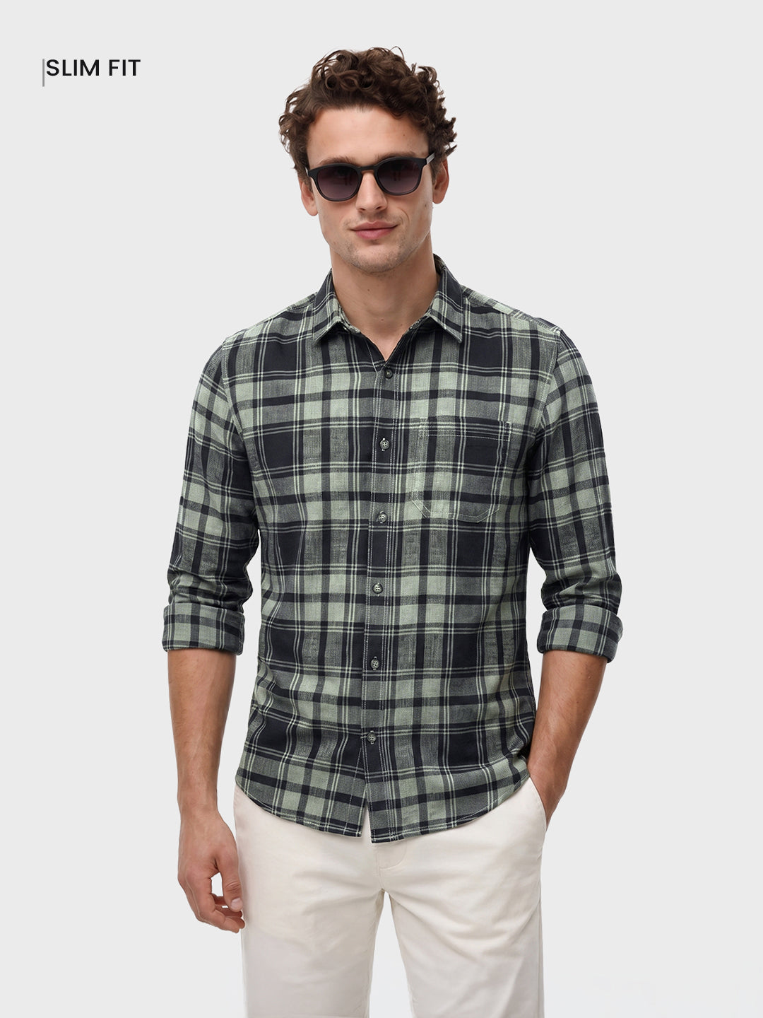 Men's Green Slim Fit Checkered Casual Shirts