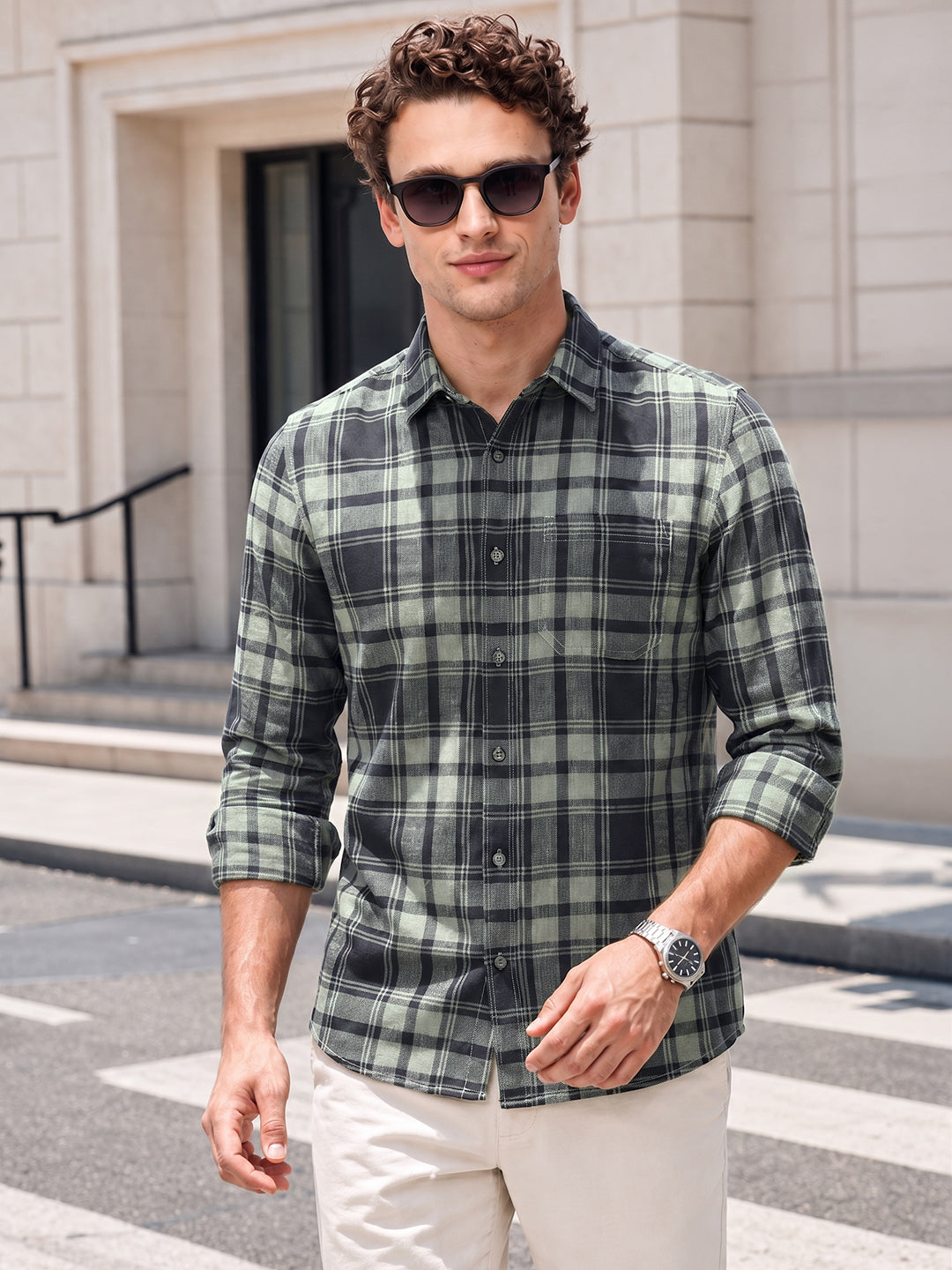 Men's Green Slim Fit Checkered Casual Shirts
