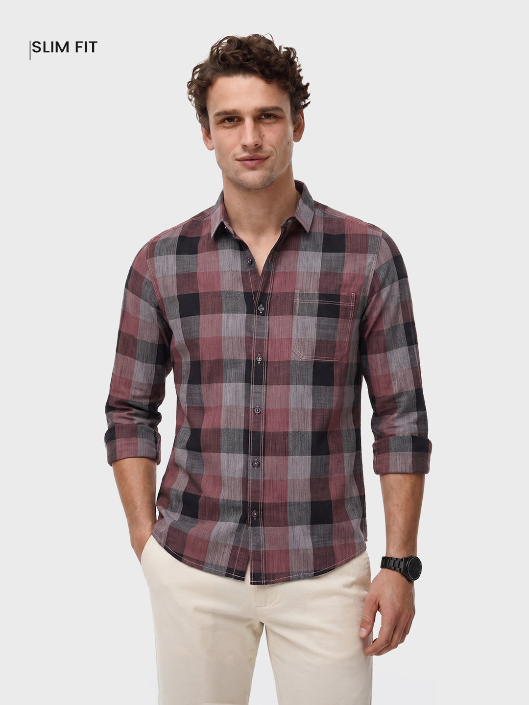 Men's Pink Slim Fit Checkered Casual Shirts