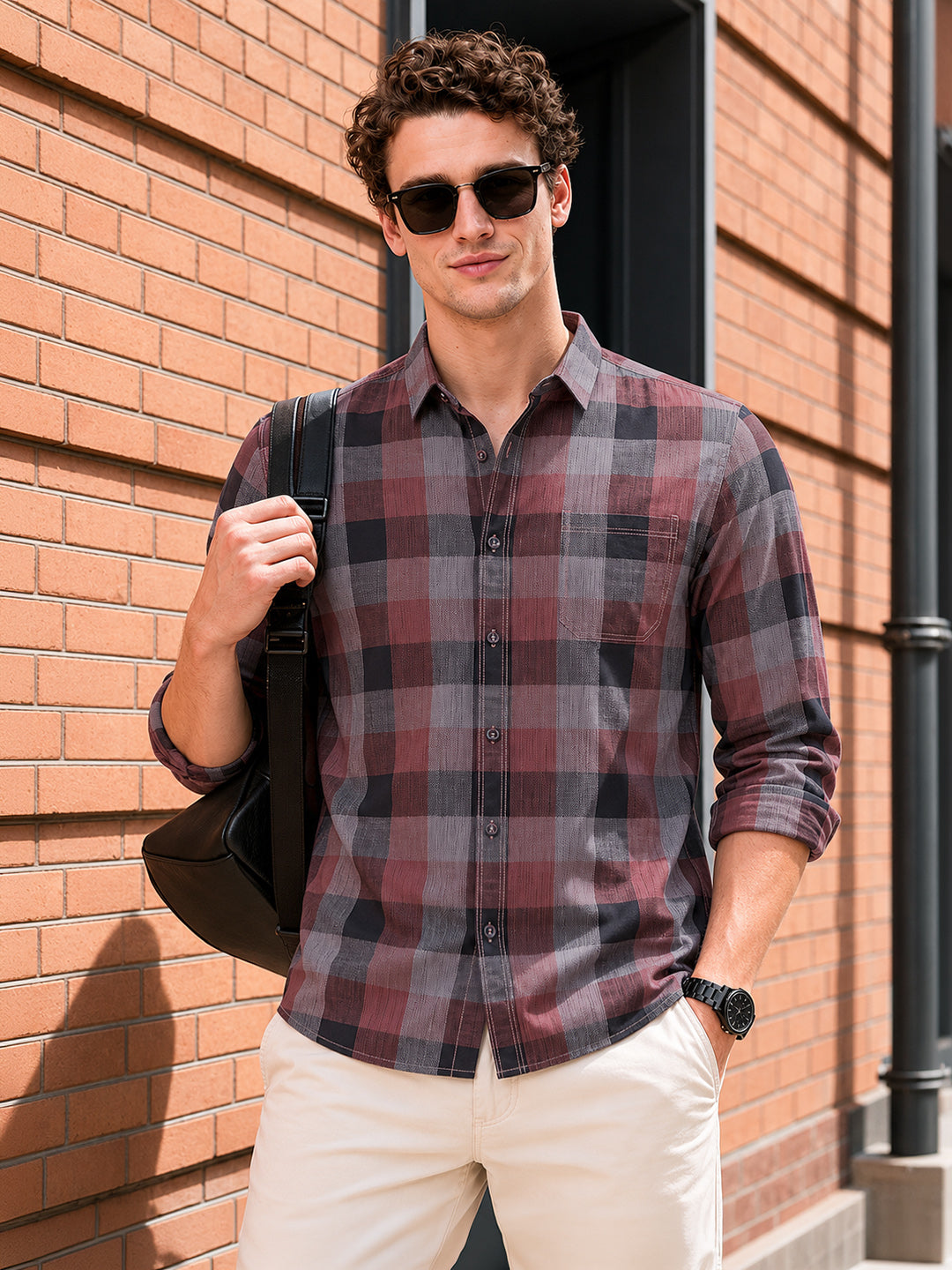 Men's Pink Slim Fit Checkered Casual Shirts