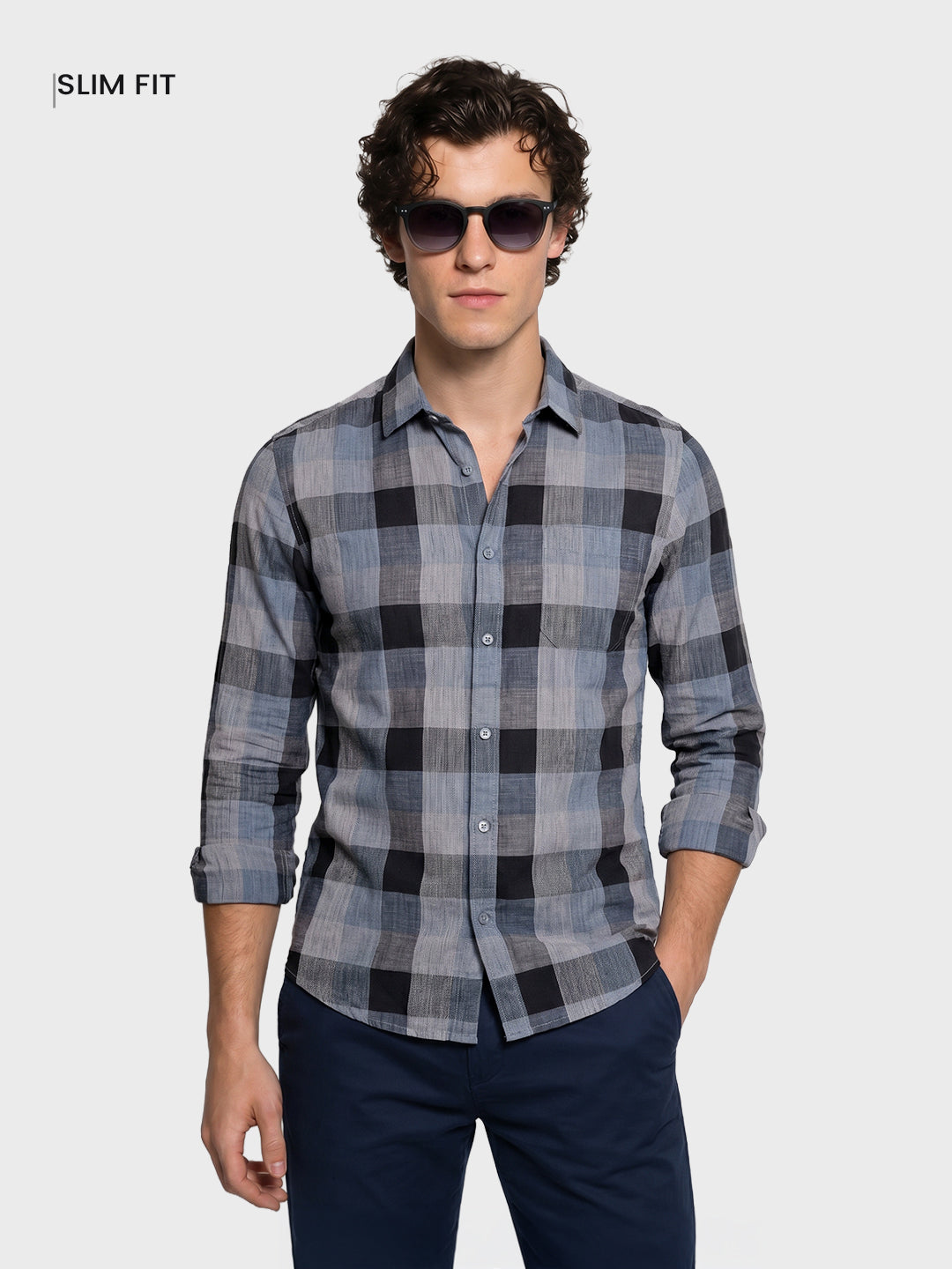 Men's Blue Slim Fit Checkered Casual Shirts