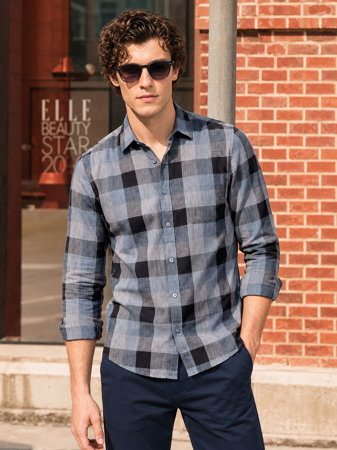 Men's Blue Slim Fit Checkered Casual Shirts