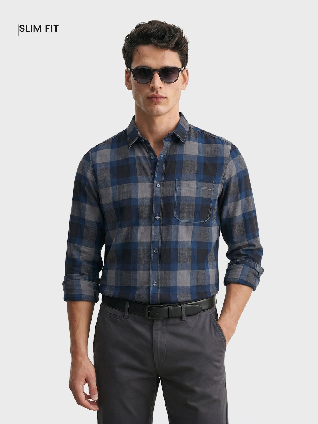 Men's Grey Slim Fit Checkered Casual Shirts