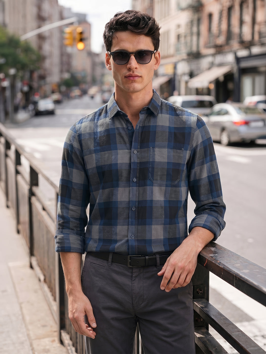 Men's Grey Slim Fit Checkered Casual Shirts