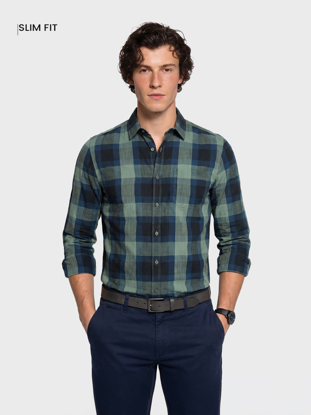 Men's Green Slim Fit Checkered Casual Shirts