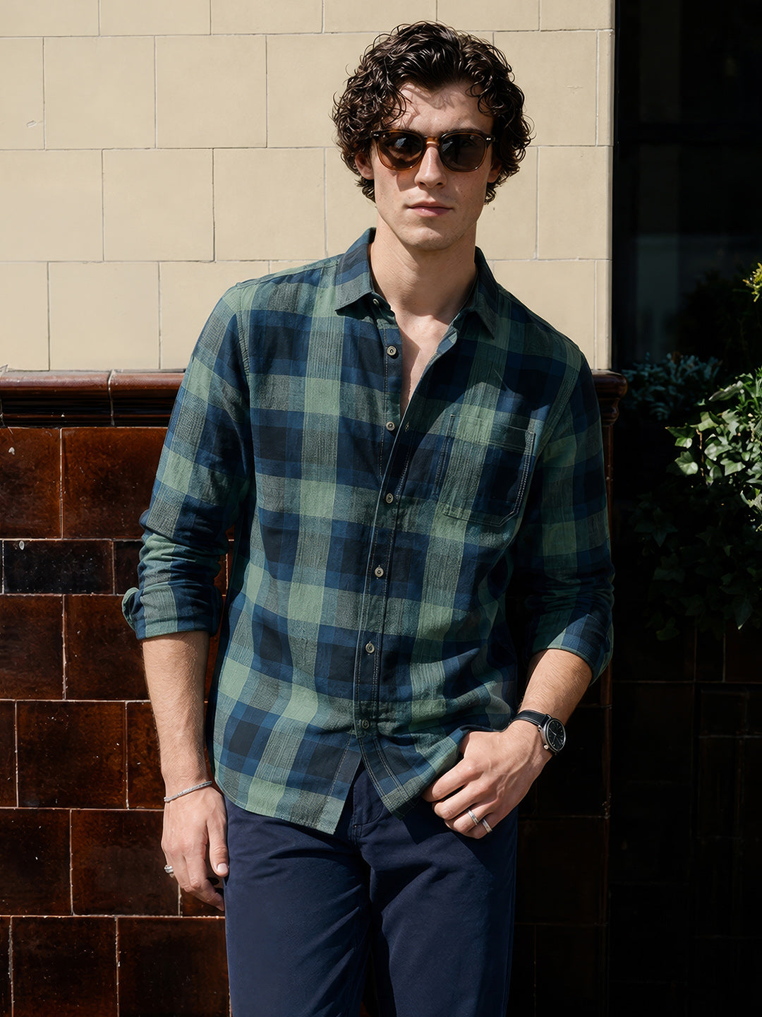 Men's Green Slim Fit Checkered Casual Shirts