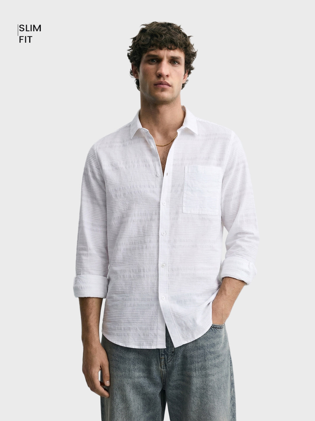 Men's White Slim Fit Striped Casual Shirt