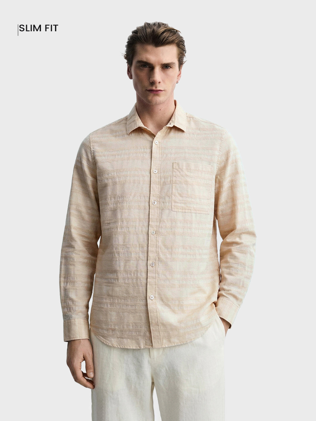 Men's Cream Slim Fit Striped Casual Shirt